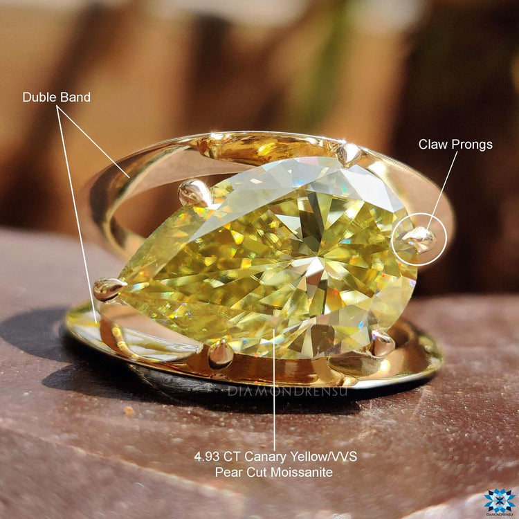 Pear cut moissanite ring with claw prongs.