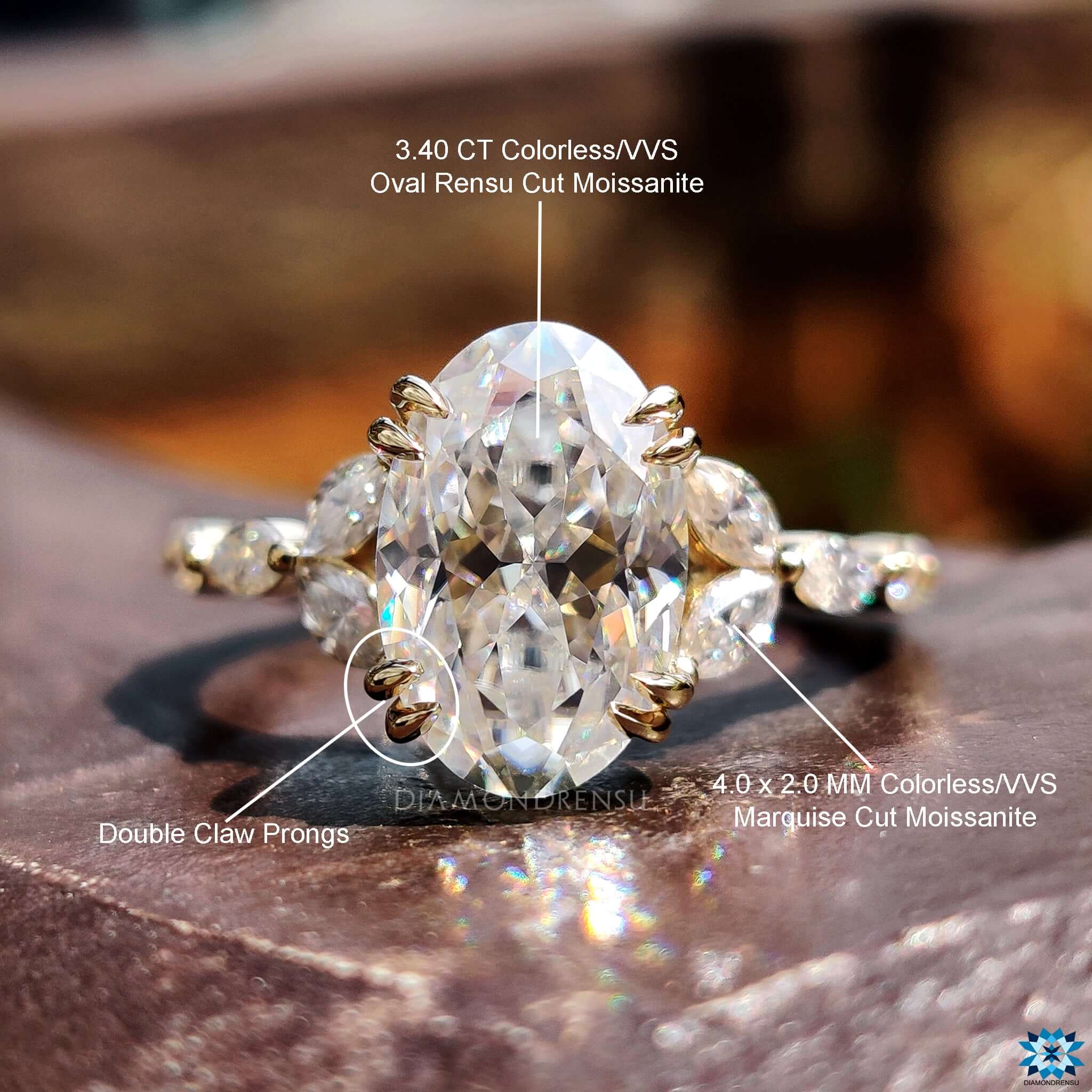Engagement ring with oval moissanite and tulip-inspired setting in gold.