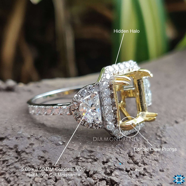 Buy moissanite ring with semi mount and pave design.