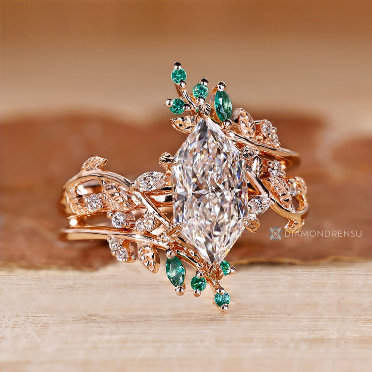 Handmade bridal set with marquise and round diamonds.
