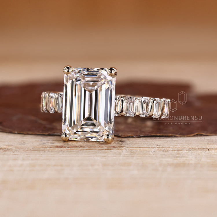IGI certified emerald cut diamond engagement ring.