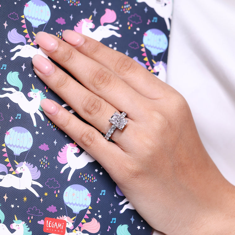 IGI certified radiant diamond ring with hidden halo setting.