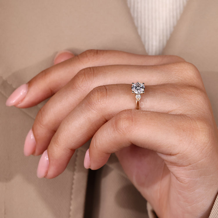 Lab grown round diamond ring with cathedral band design.