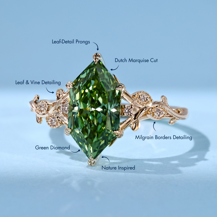 Nature inspired Dutch marquise ring with green diamond.