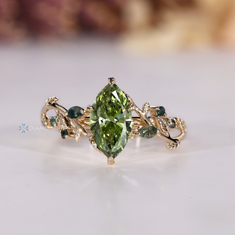 IGI certified marquise diamond ring with six leaf prongs.