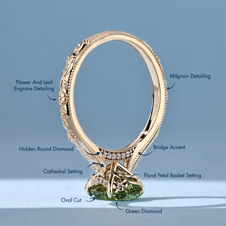 Oval cut diamond ring with cathedral and milgrain details.