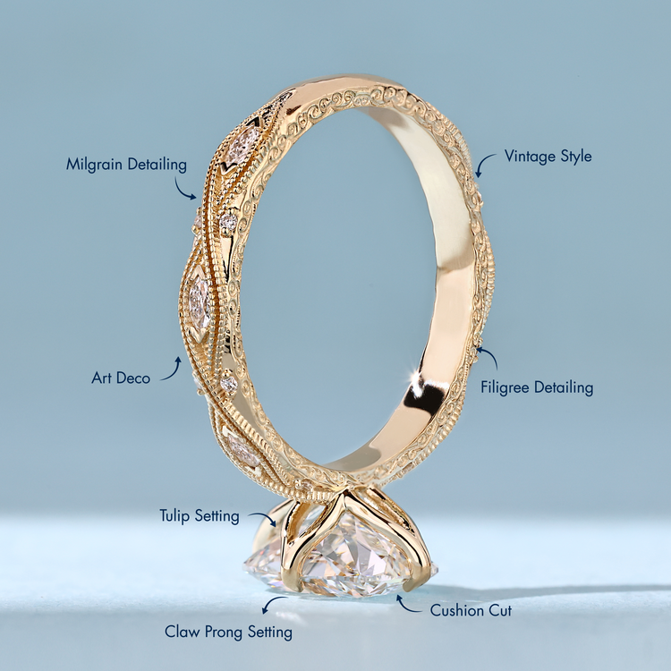 Cushion diamond ring with compass claw prong setting.
