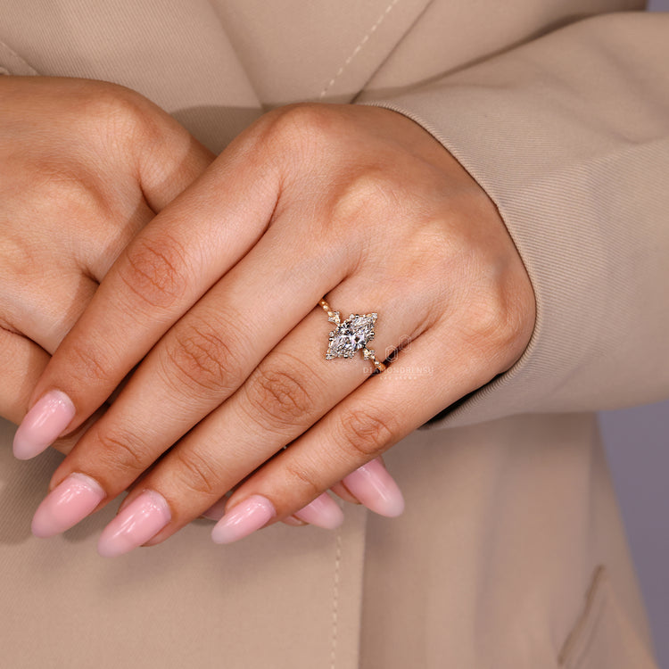 IGI certified marquise engagement ring with nature inspired details.