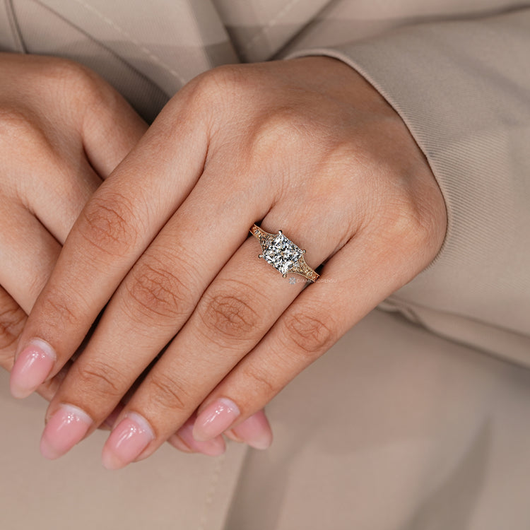 Princess cut ring with vintage style milgrain details.