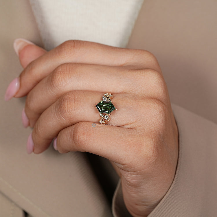 Lab grown diamond ring with green centre stone.