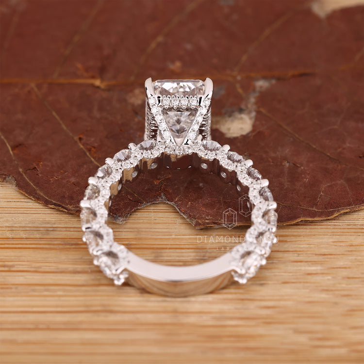 Diamondrensu radiant ring with micro pave and hidden halo.