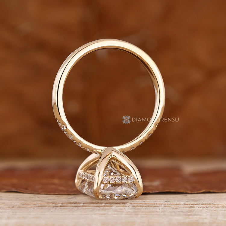 Round diamond pave ring with hidden halo style.