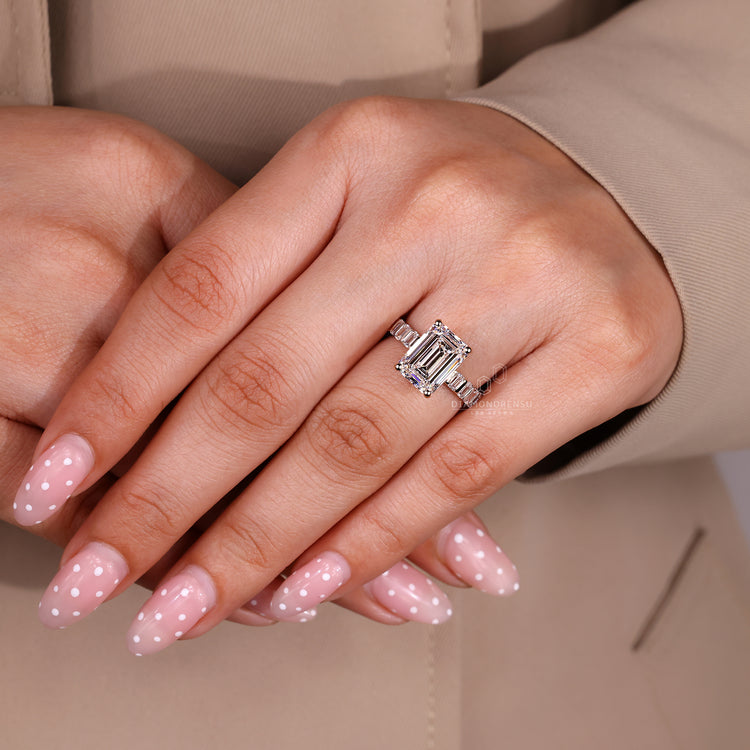 IGI certified lab grown emerald cut diamond ring.