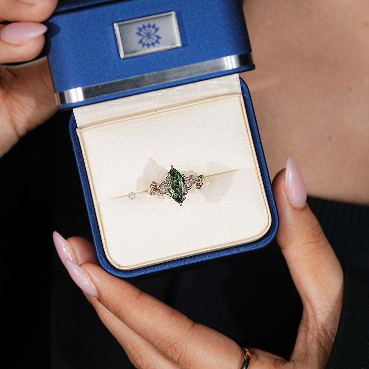 Nature inspired marquise cut diamond ring handmade.