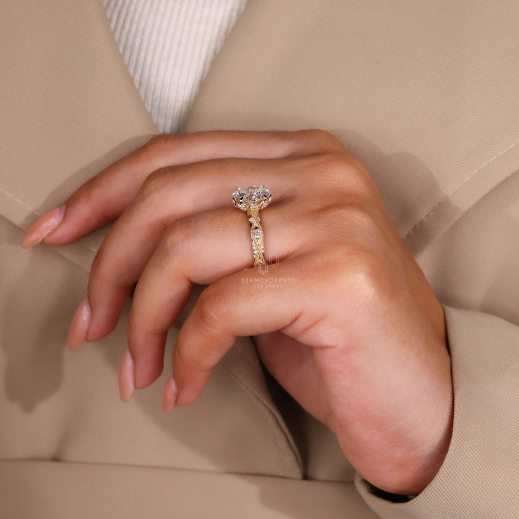 Unique engagement ring includes marquise and round shapes.