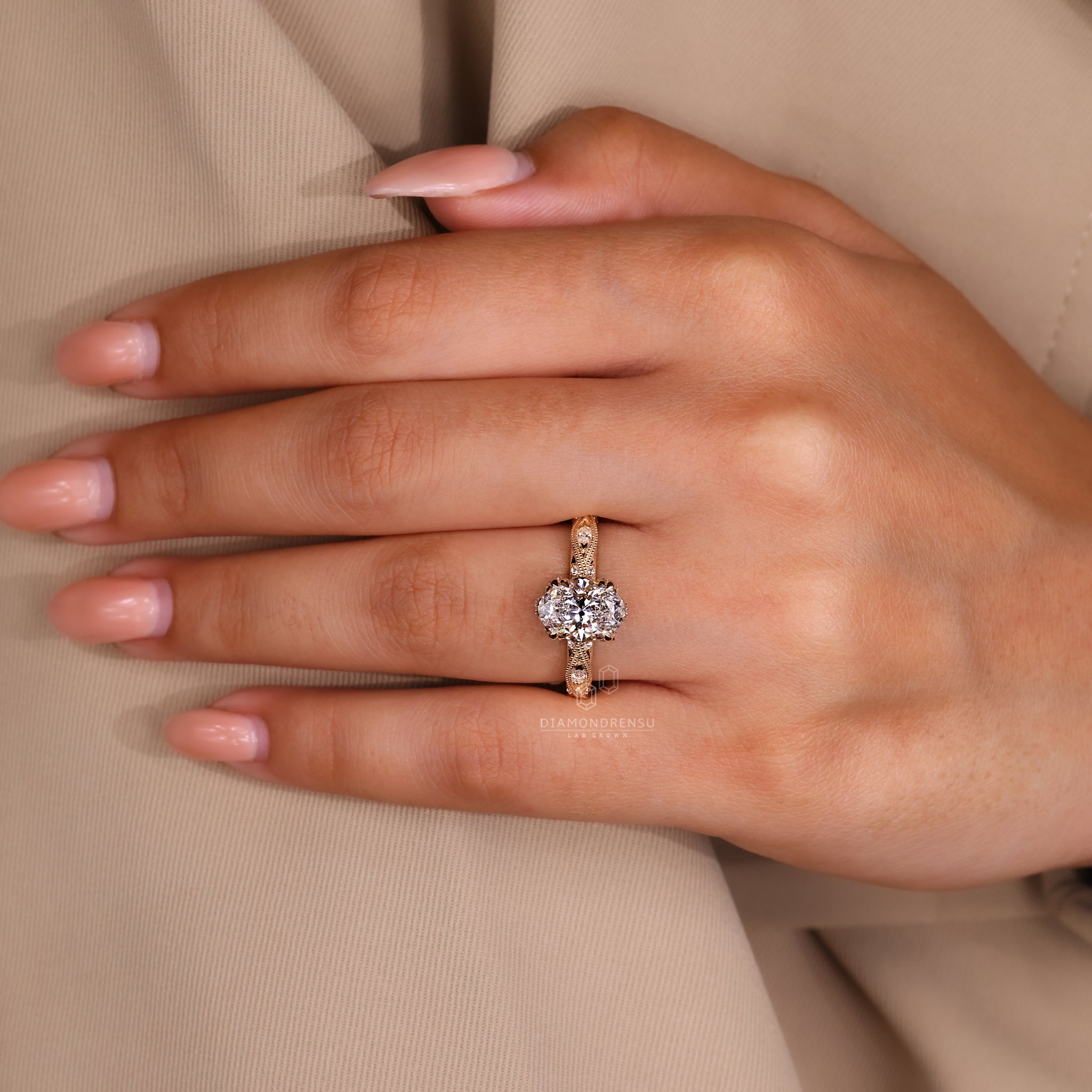 Oval cut ring designed in art deco ring style.