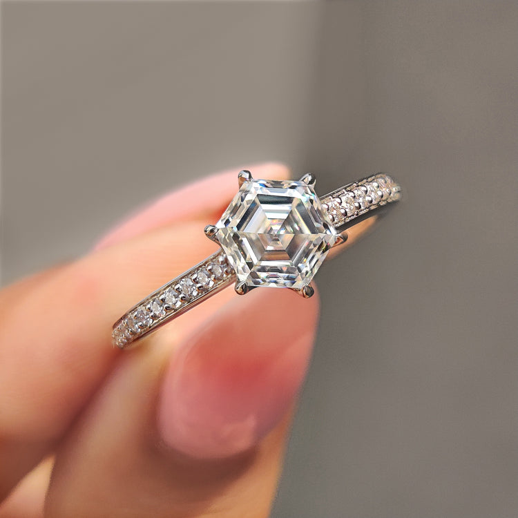 Hexagon Engagement Ring in white gold ring