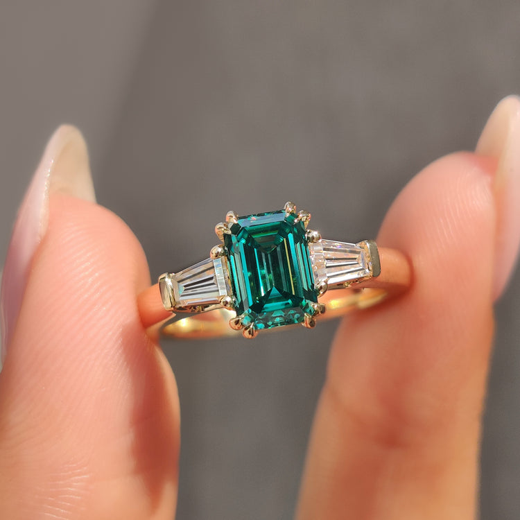 Green Emerald And Baguette Cut 3 Stone Moissanite Ring