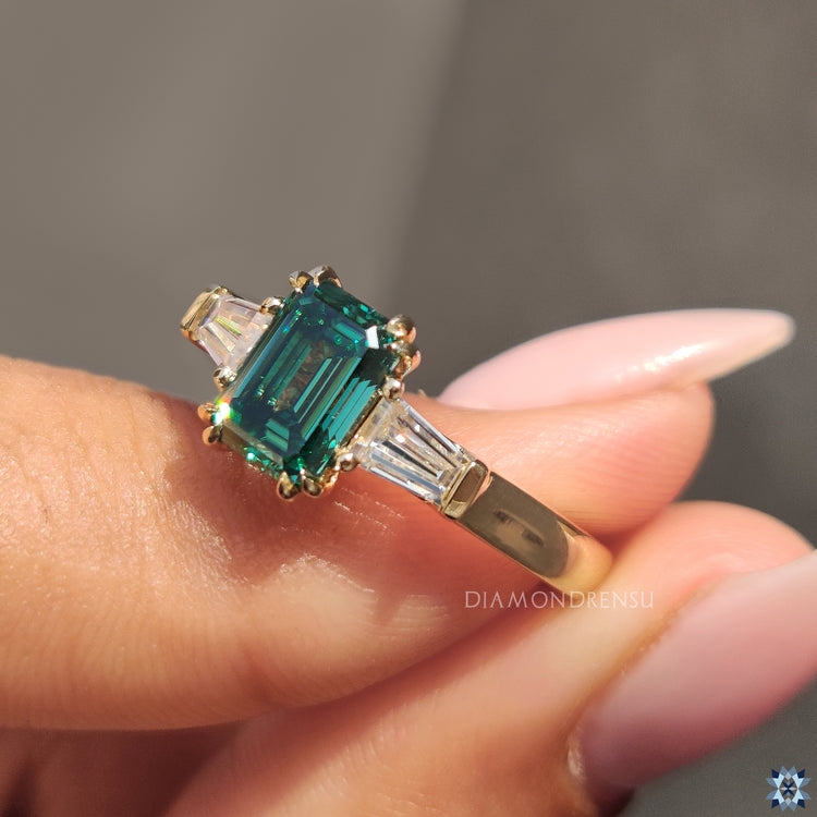 Green Emerald And Baguette Cut 3 Stone Moissanite Ring