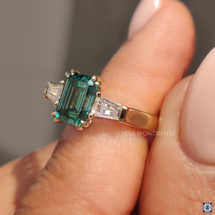 Green Emerald And Baguette Cut 3 Stone Moissanite Ring