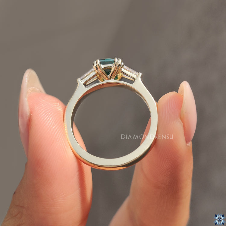 Green Emerald And Baguette Cut 3 Stone Moissanite Ring