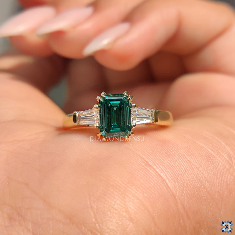 Green Emerald And Baguette Cut 3 Stone Moissanite Ring