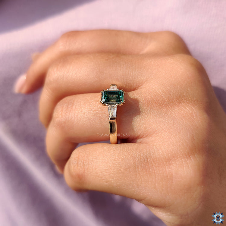Green Emerald And Baguette Cut 3 Stone Moissanite Ring