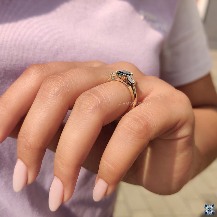 Green Emerald And Baguette Cut 3 Stone Moissanite Ring