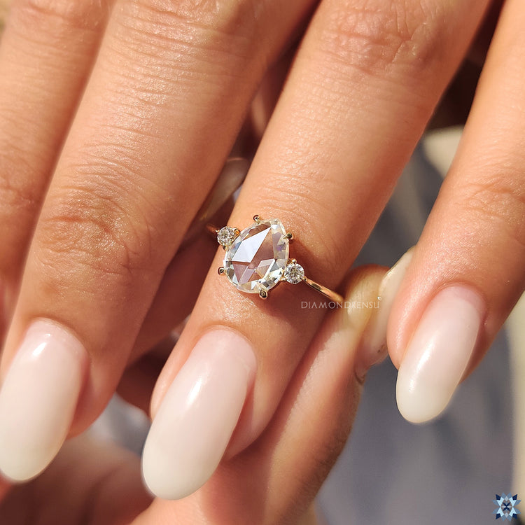 Pear Shape Engagement Ring with rose cut moissanite ring