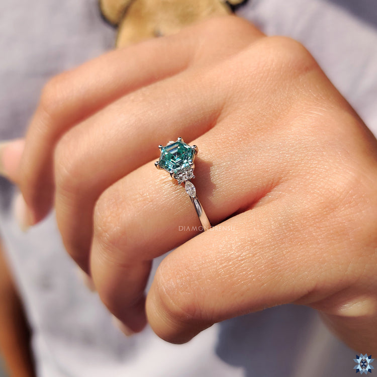 White gold ring with hexagon engagement ring