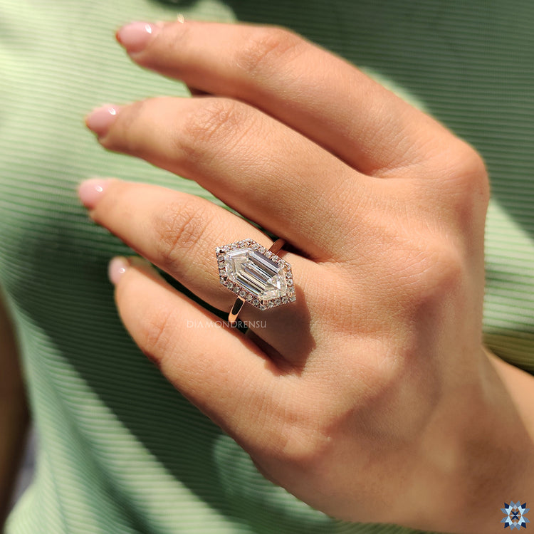 Buy moissanite ring in a custom hexagon shape with 6 prong claw setting.