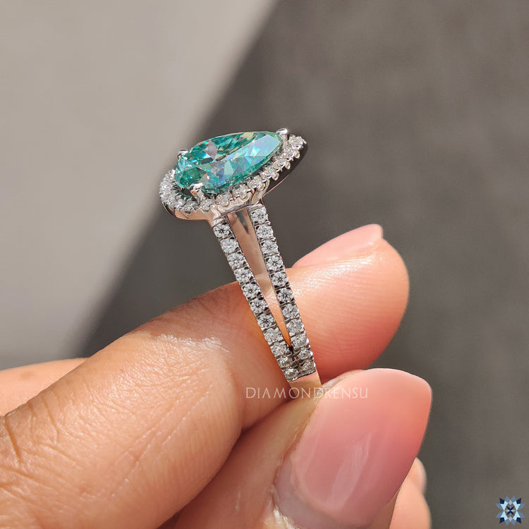 Moissanite for engagement ring in round halo and pear design.