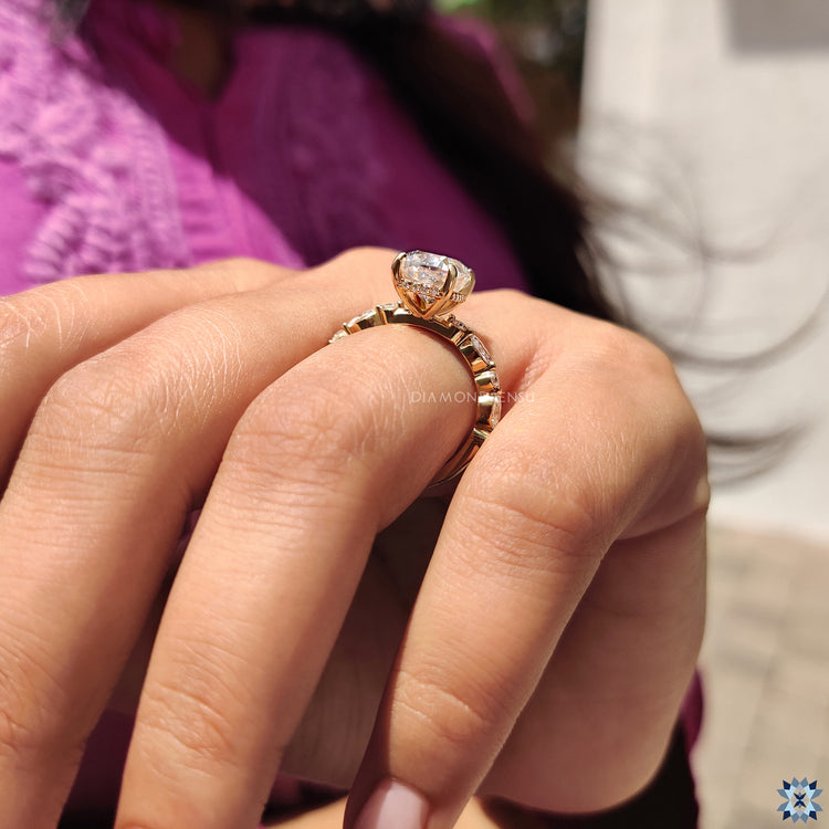 Custom yellow gold cushion engagement ring with crushed ice finish and pave details.