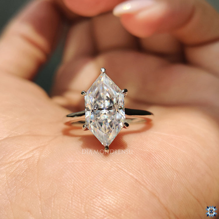 Round cut hidden halo ring with Dutch marquise Moissanite center in white gold.