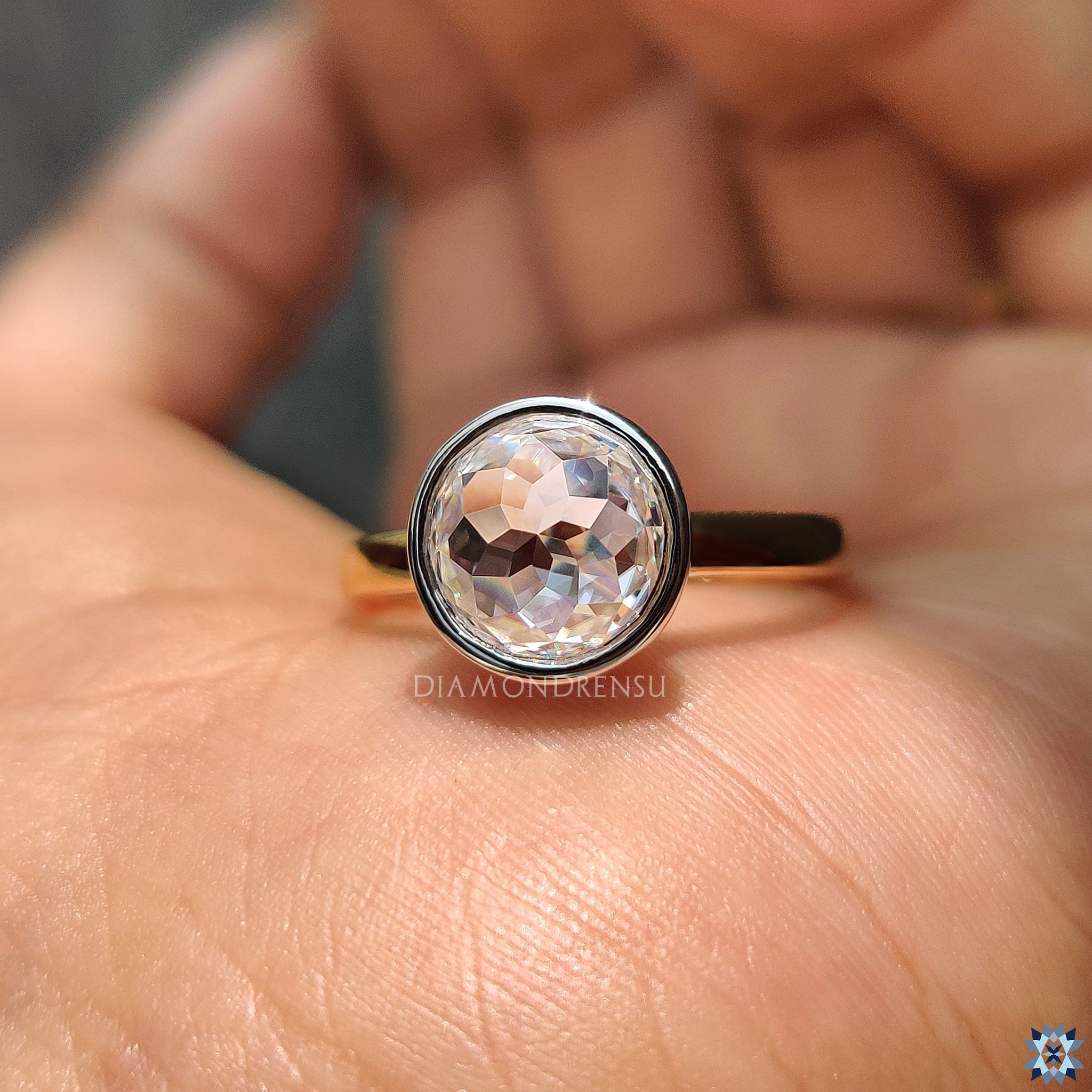 Diamondrensu UK engagement ring with elegant rose cut Moissanite in bezel style.
