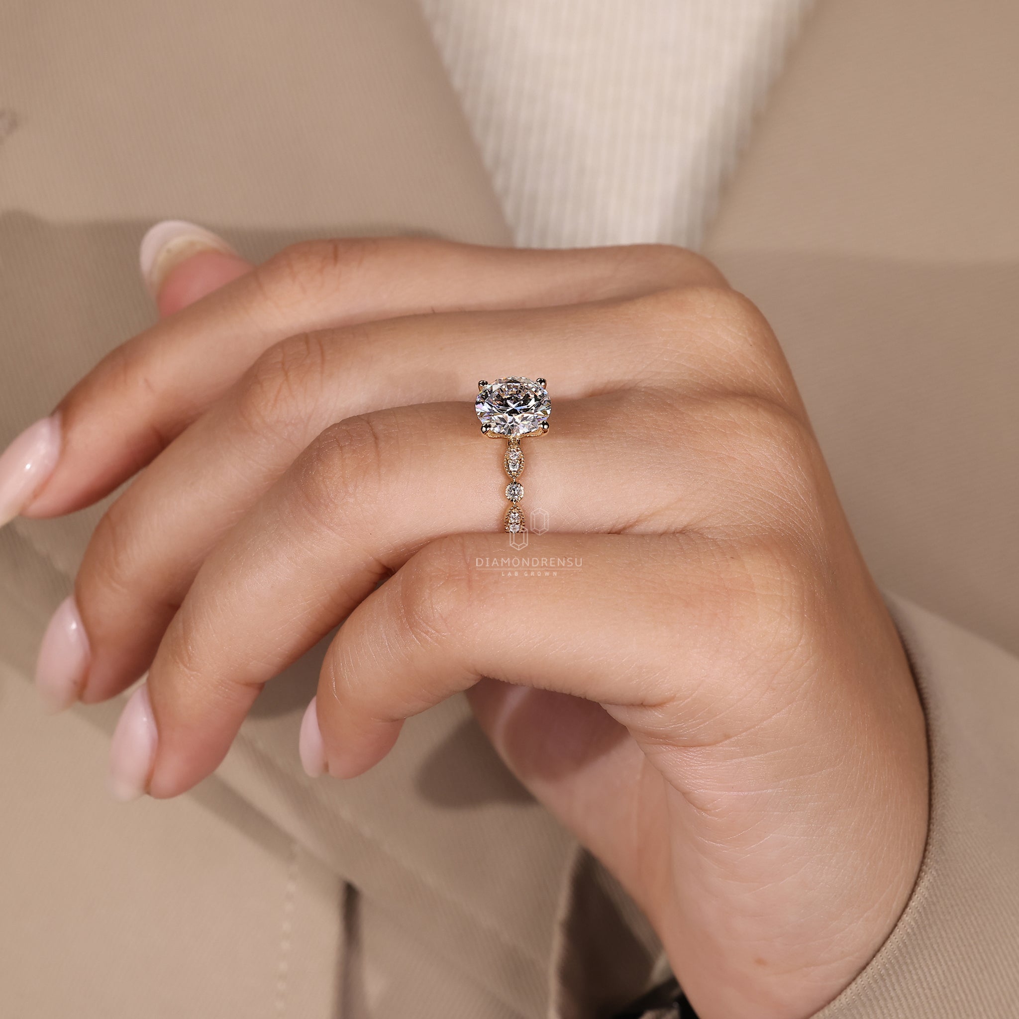 IGI certified engagement ring with round cut diamond.