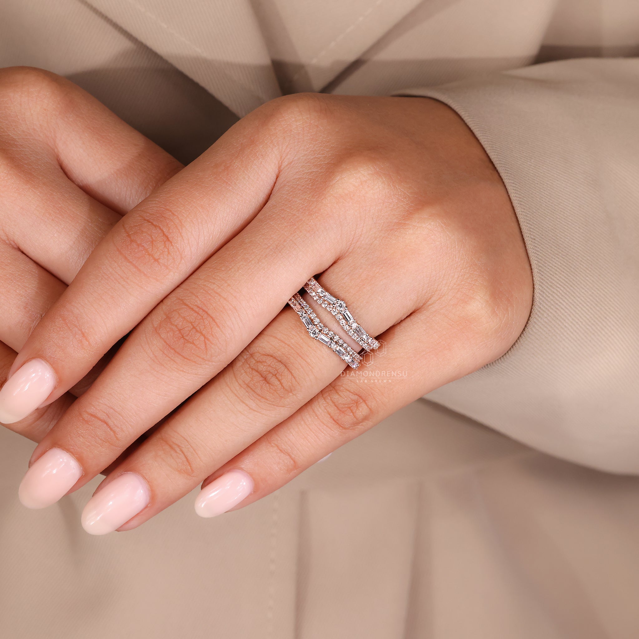 Wrap guard wedding band with lab grown diamonds.
