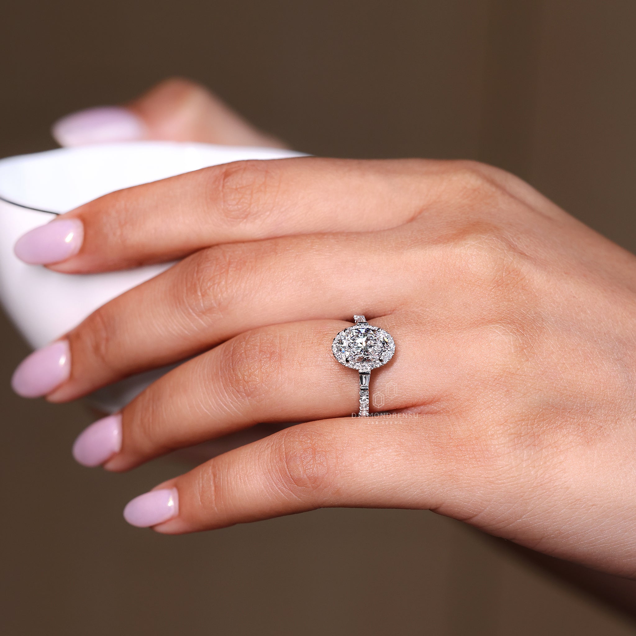 Lab grown oval diamond ring with bridge and bar accents