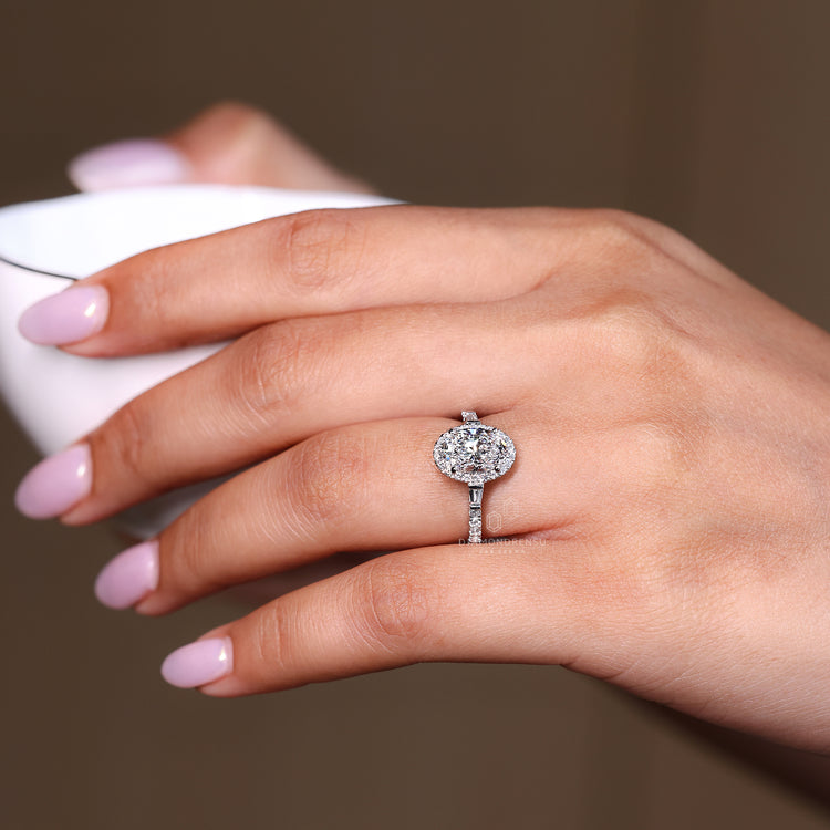 Lab grown oval diamond ring with bridge and bar accents