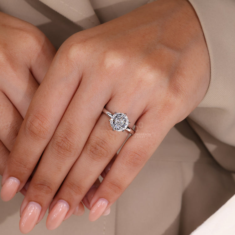 Lab grown diamond engagement ring in white gold finish.