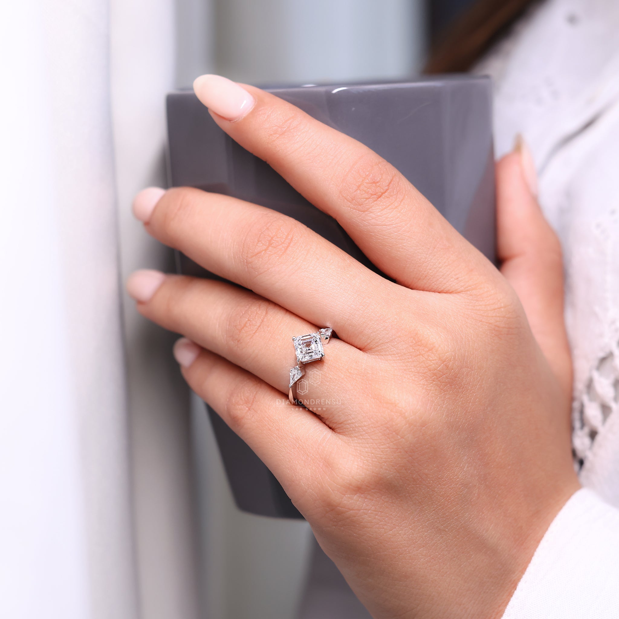 Tapered Shank Three Stone Asscher Cut Diamond Ring