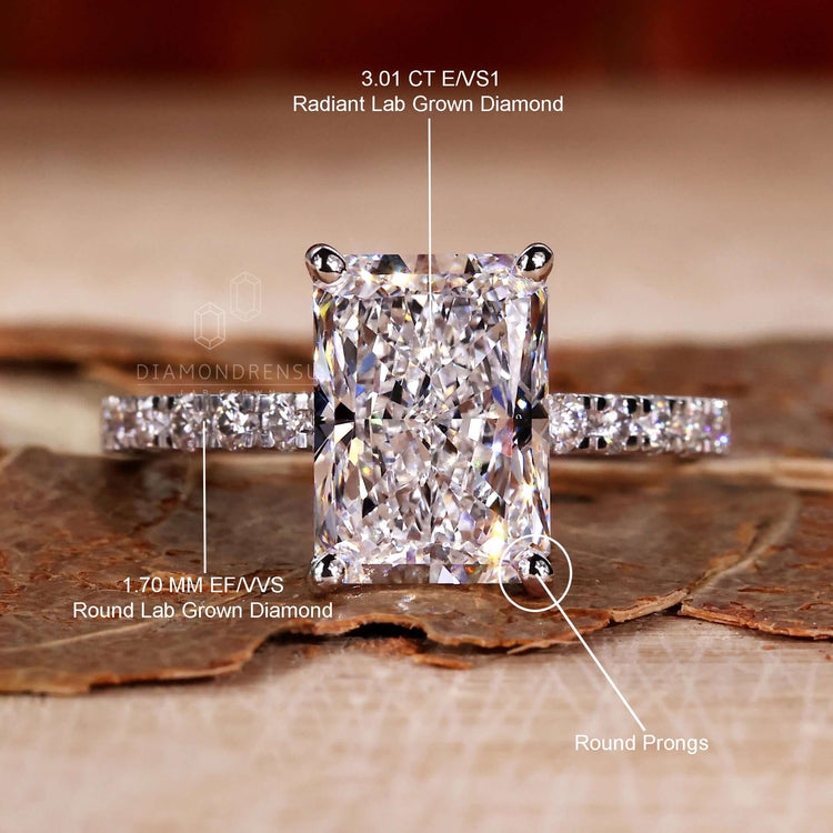 Pave ring crafted with a radiant cut diamond, ideal for an engagement ring for women.