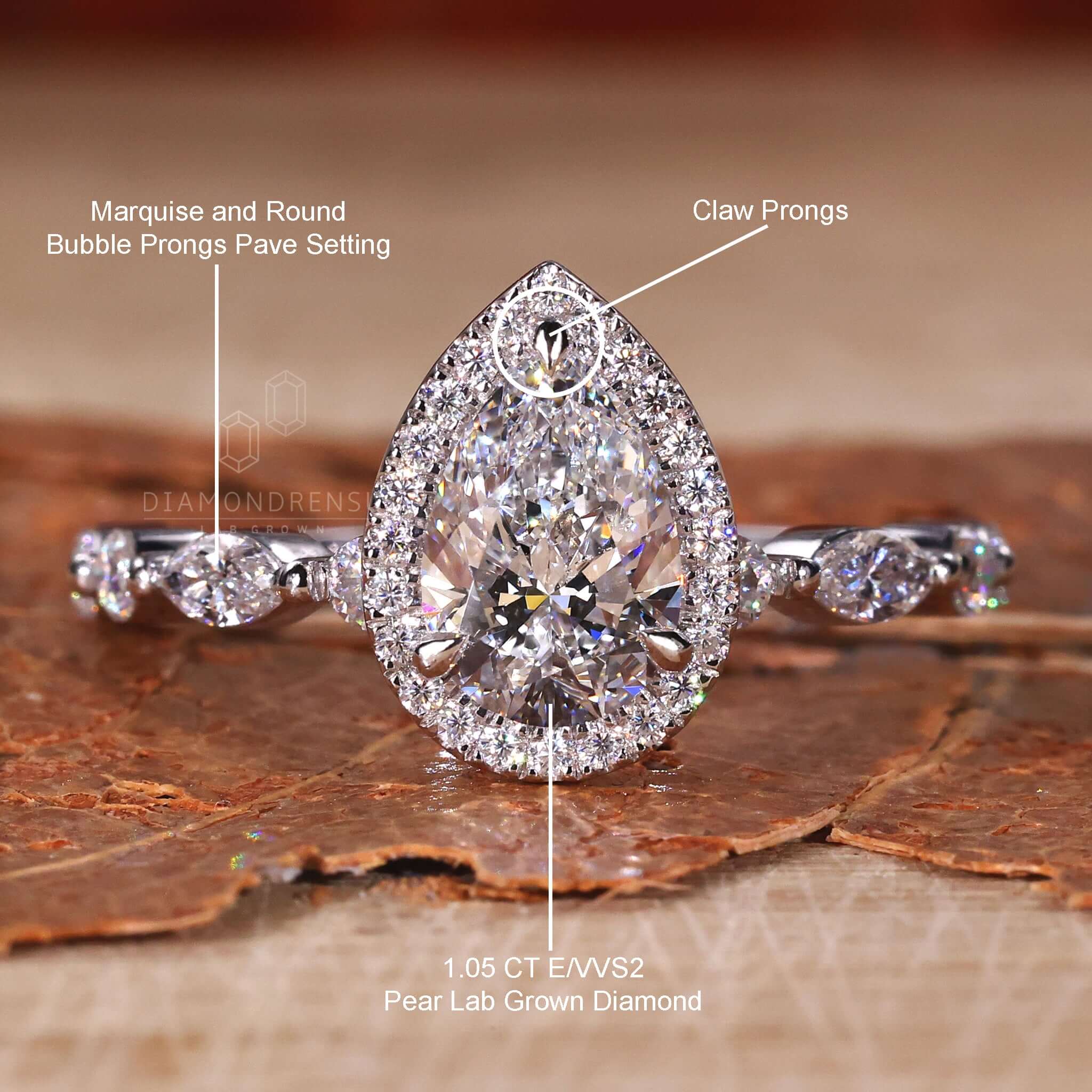 Marquise and Round Cut Lab Grown Diamond set in a bubble prongs pave setting, perfect for an engagement ring UK.