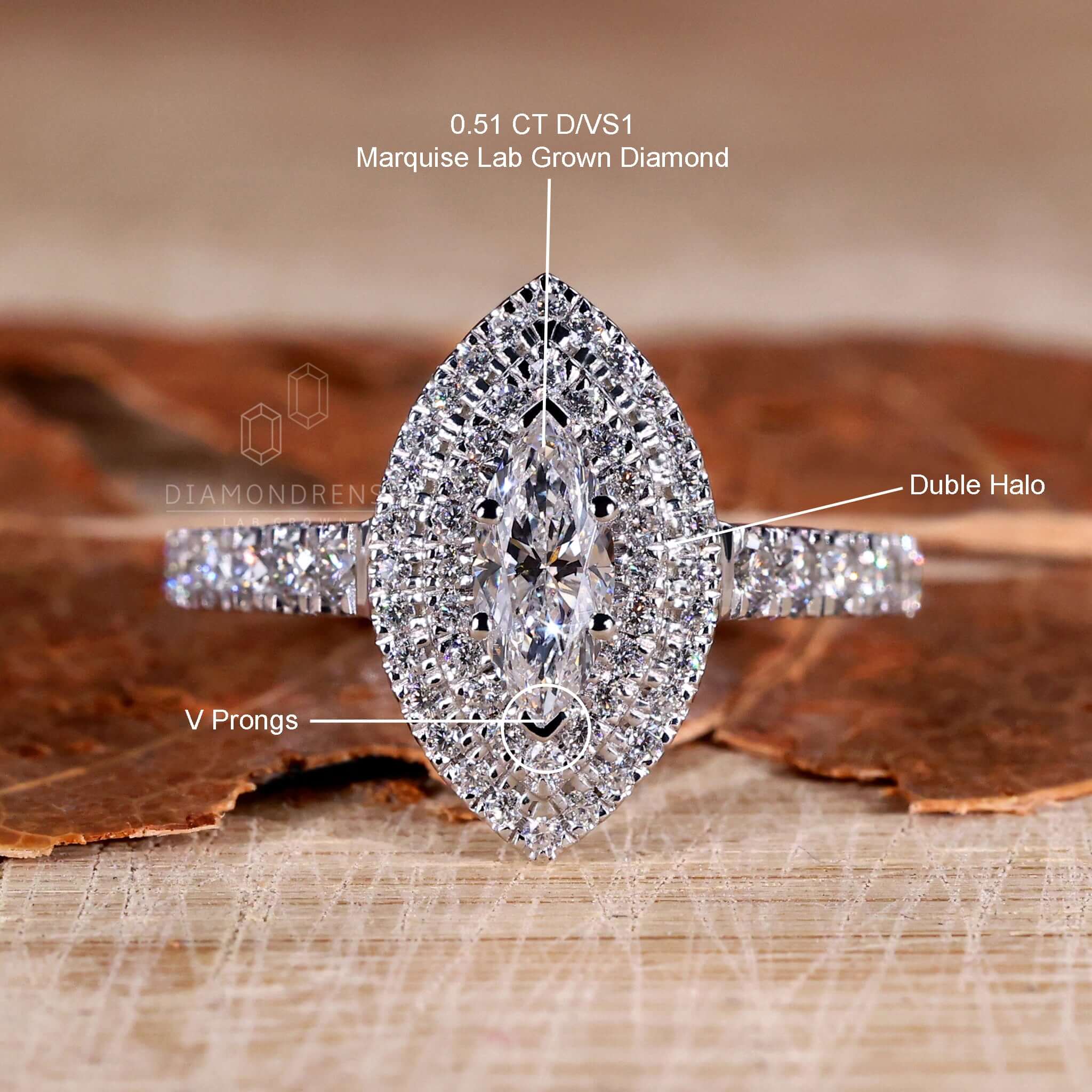 Cathedral setting ring with pave setting and double halo ring for added glamour.