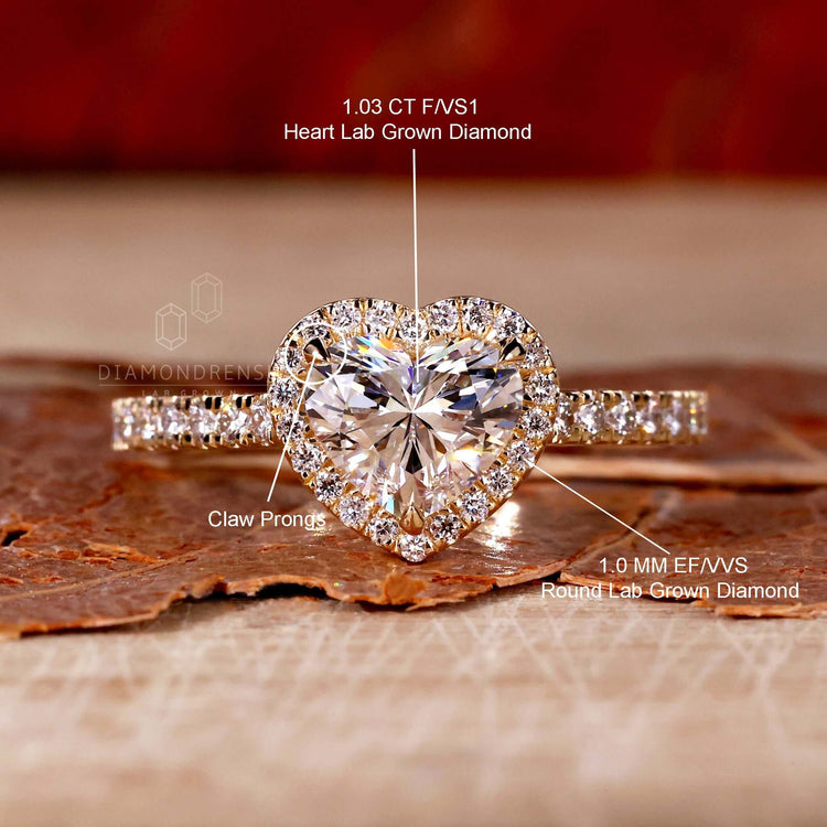 Engagement ring with pave setting and heart diamond shape, handcrafted for a unique engagement ring experience.