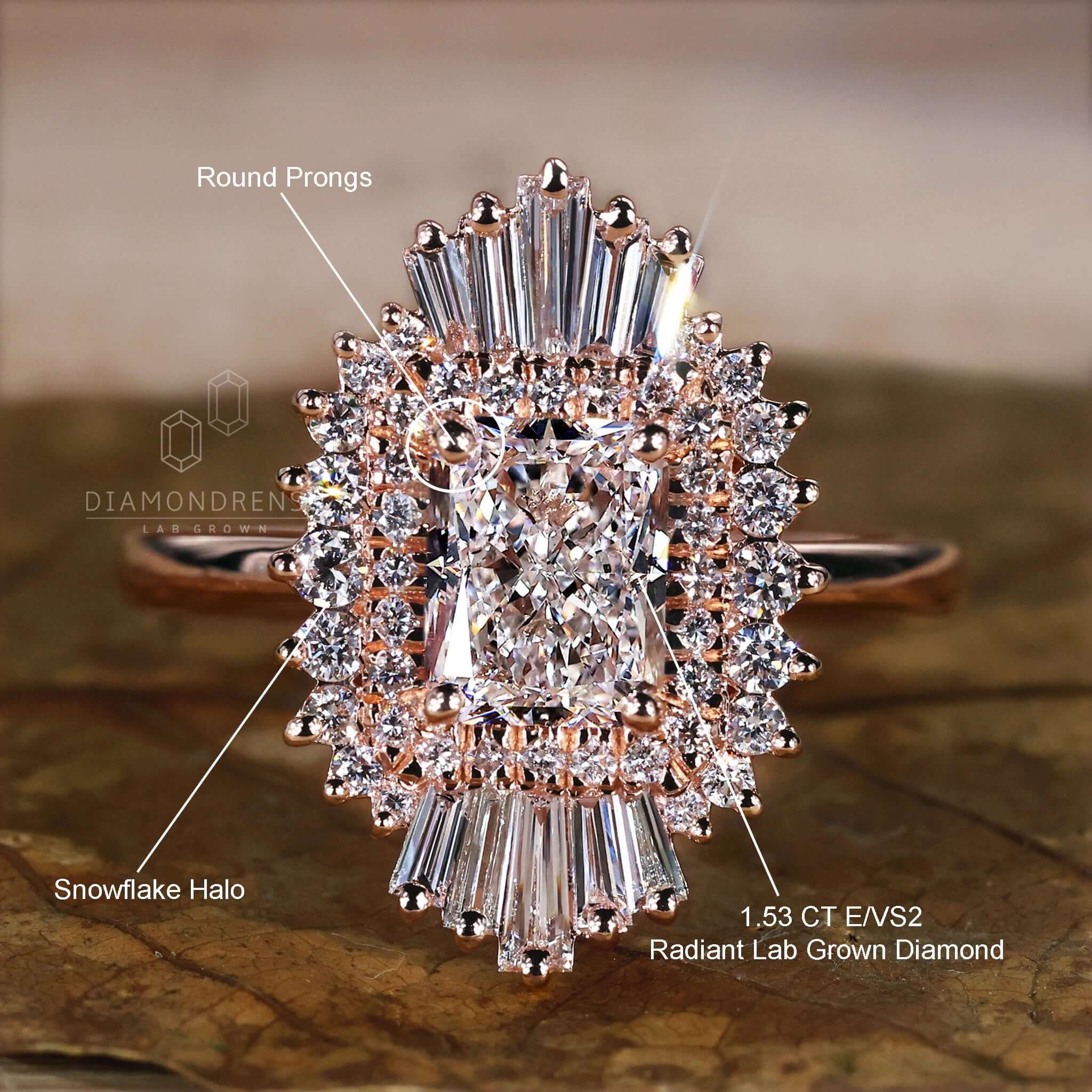Radiant cut diamond ring with a stunning ring halo diamond feature