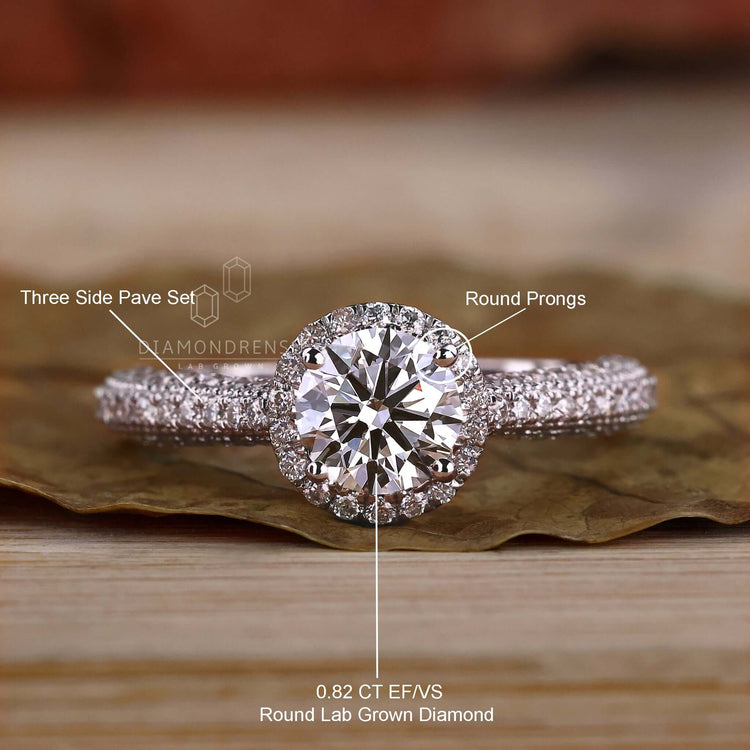 Diamondrensu UK engagement ring with a halo diamond and pave setting.