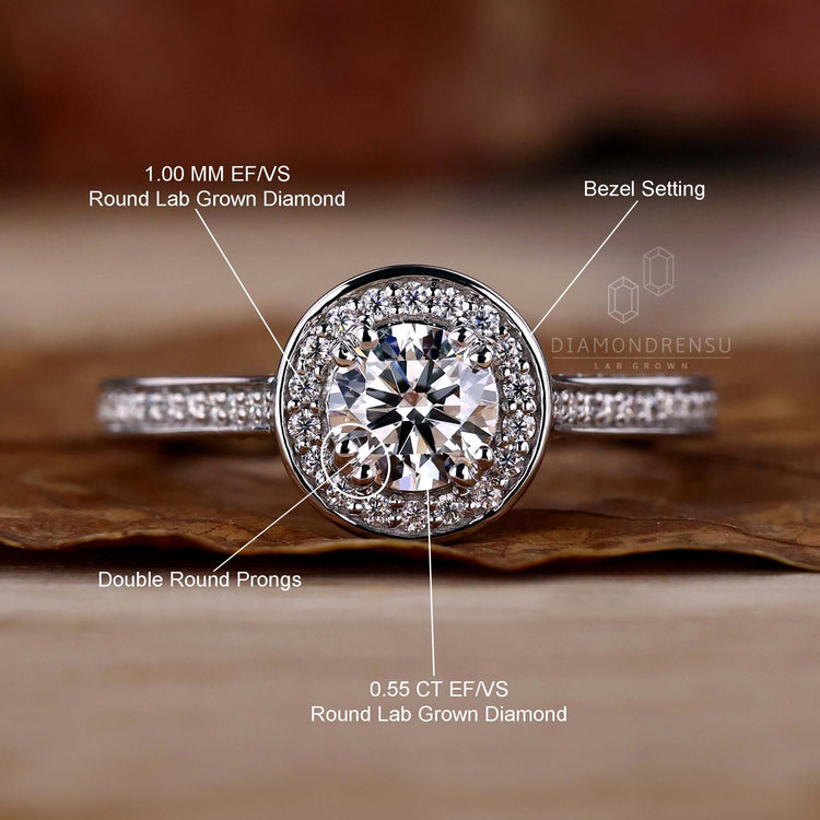 Engagement ring with side stones and a ring halo diamond design, perfect for women who love elegance.
