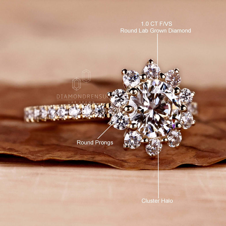A unique round cluster diamond ring for a distinctive look.