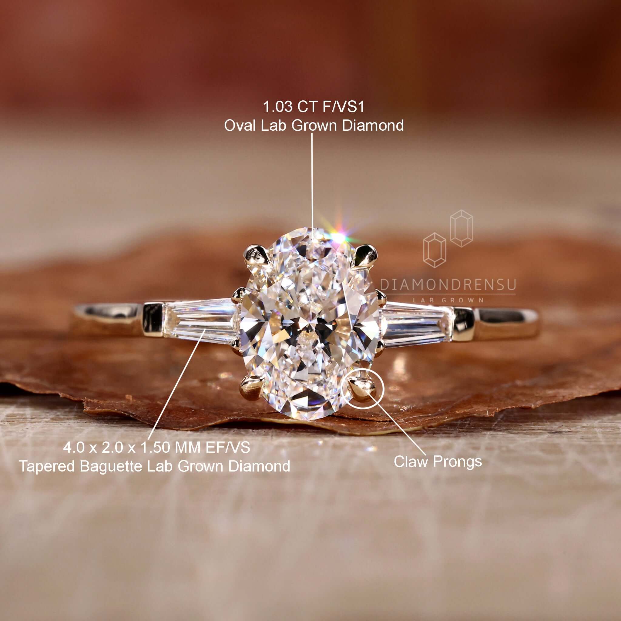 Baguette cut diamond ring in a three stone ring gold setting, ideal for elegant UK engagements.